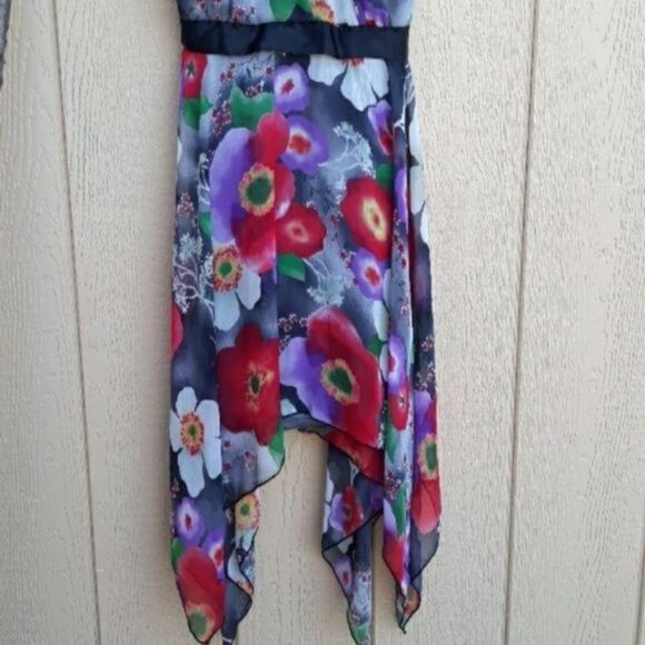 90's Anime Vibrant Poppy Floral Halter Dress Colorful SharkBite Hem Satin Tie - Picture 6 of 8